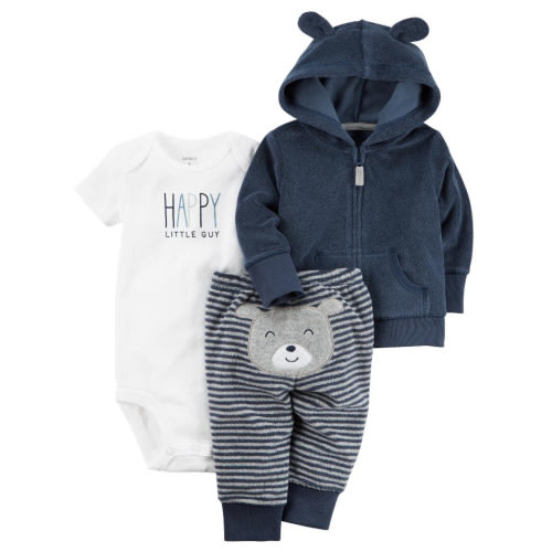 Carter's 3 Piece Navy Zip Up Hoodie, White Printed Bodysuit with Turn Me Around Detail Pant Set