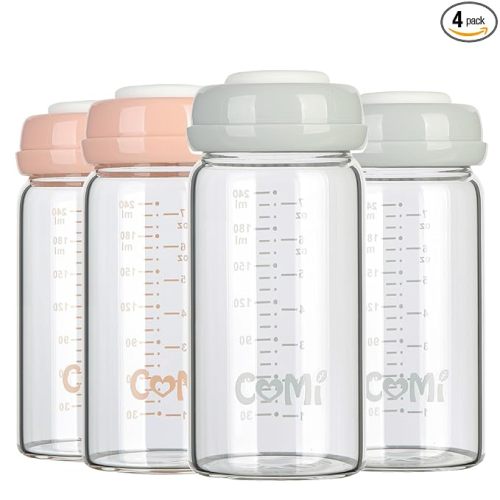 COMI Wide Neck Glass Breastmilk Collection n Storage Bottle, 4 Packs, 8oz with Screw Ring Sealing Disk; Re-markable Sealing Disc. BPA Free, Fits Breast Pumps & Nipples (2 Gray Lids + 2 Pink Lids)