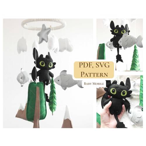 PDF Toothless baby mobile pattern / Black dragon pattern / Night Fury baby mobile pattern / Dragon baby mobile DIY / SVG included