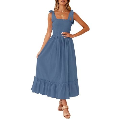 ZESICA Women's 2025 Summer Boho Spaghetti Strap Square Neck Solid Color Ruffle A Line Beach Long Maxi Dress