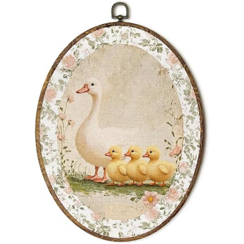 EGVQK Vintage Farmhouse Duck Oval Wall Art, Cottage Core Duck Nursery Wildflower Framed Canvas Prints Wall Art, Rustic Vintage Oval Canvas Hanging Decor for Cottage Bedroom Living Room, 8.5x11.5in