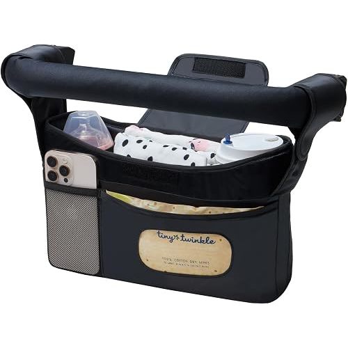 Tiny Twinkle Universal Stroller Organizer with Adjustable Strap - Waterproof Stroller Caddy Fits Baby Jogger, Nuna, Graco, Doona and Bugaboo Strollers(Black)