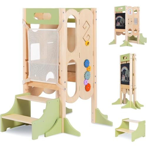6 in 1 Toddler Tower with Removable Ladder, Foldable Wooden Kitchen Step Stool for Kids, Adjustable Children Helper Tower for Baby, Standing Tower with Safety Equipment and Black Board