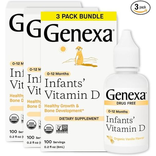 Genexa Infants Vitamin D Liquid Drops for Newborn, Baby & Toddler | Bone Development | Delicious Organic Vanilla Flavor | Certified Organic, Gluten Free, & Non-GMO | 270 Servings (3 Pack)