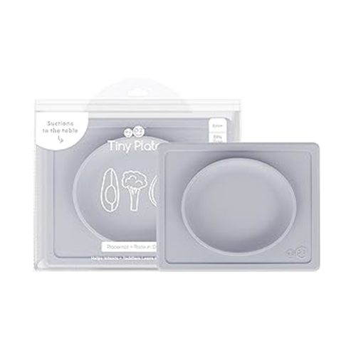 ezpz Tiny Plate (Pewter) - 6 Months+ - 100% Silicone Suction Placemat + Plate for Infants - Fits on Most Highchair Trays - Baby Led Weaning Supplies