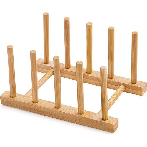 Bamboo Dish Drying Rack for Kitchen Counter and Cabinet, Dish/Book/Plate/Bowl/Cup/Cutting Board/Pot Lid Organizer for Kitchen, Living Room, Study, Display Cabinet (4 Slots)