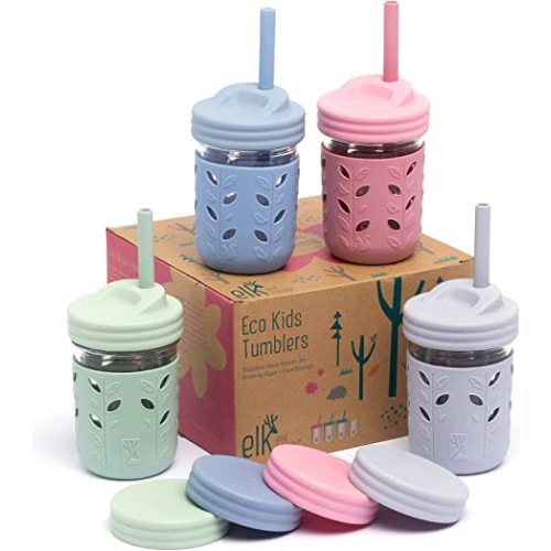 Elk and Friends Kids & Toddler Cups | The Original Glass Mason jars 8 oz with Silicone Sleeves & Silicone Straws with Stoppers | Smoothie Cups | Spill Proof Sippy Cups for Toddlers - 4 Pack (Sleeves) - Sage, Plum, Lilac, Misty Blue