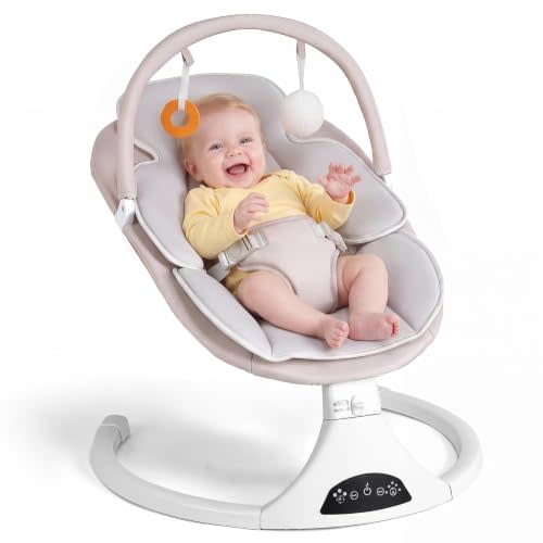 Electric Baby Swing with Remote Control,5 Speeds&Portable&Cozy(0-6M,Beige) | Safety lock&secure harness,12 melodies&Bluetooth,8/15/30min timer,lightweight indoor/outdoor,soft washable seat,easy assembly