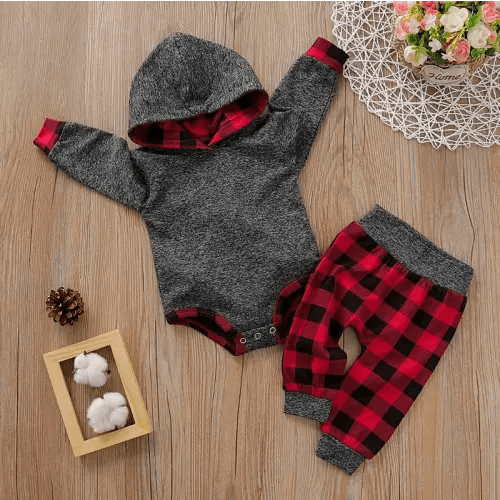 Red Plaid Print Hoodie Set