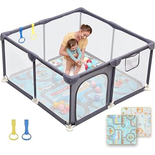 Dripex Baby Playpen with Mat, 47"x47" Play Pen for Toddlers 1-3 Years, Soft Breathable Visible Mesh, Indoor/Outdoor Portable Play Yard with Mat, Safe Baby Fence Play Area, Grey