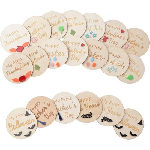 20 Pcs Wooden Baby Holiday Milestone Set, Happy Holiday Round Discs Baby Birth Announcement Sign First Holiday Growth Cards Photo Card Props Baby Shower