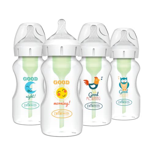 Dr. Brown's Natural Flow Anti-Colic Options+ Wide-Neck Baby Bottles, 9 oz/270 mL, with Level 1 Slow Flow Nipple, 4 Pack Good Morning/Good Night Gift Set