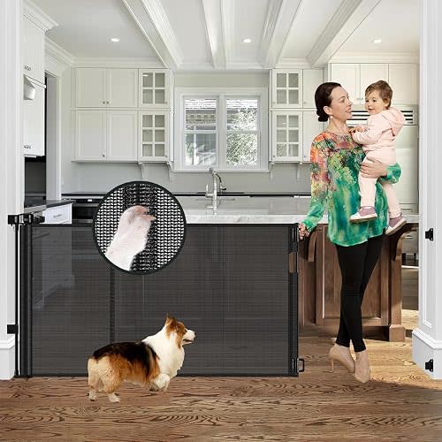 Reinforced 60" Wide Retractable Baby Gates for Dogs, Prevent Crawling Under