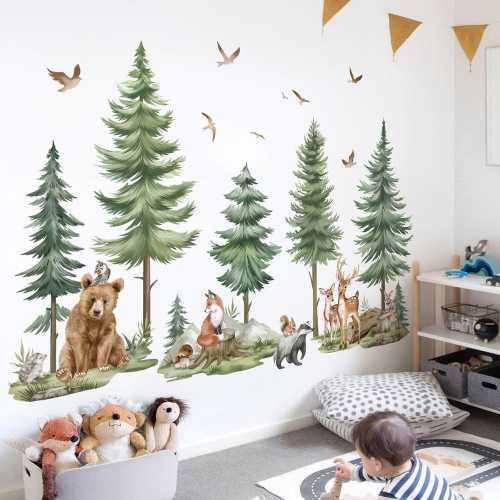 Mountain Tree Wall Stickers Large Pine Tree Forest Animals Bear Deer Peel and Stick Wall Art Decals for Kids Bedroom Baby Nursery