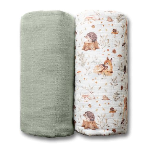 Miaoberry GOTS Certified Organic Muslin Swaddle Blankets, 2 Pack Baby Receiving Blankets, Soft Breathable Cotton Swaddles for Newborn Boys & Girls, Woodland Deer & Sage Green