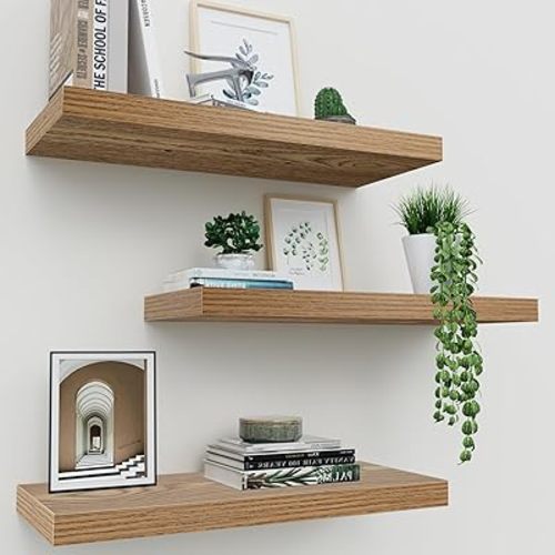 Floating Shelves for Wall Set of 3, 16" Rustic Wood Wall Shelves - Light Brown