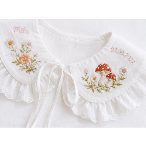 Personalized Embroidered Baby Collar, Mushroom Daisy Peter Pan Collar, Custom Name Detachable Ruffle Collar, Flower Girl Gift