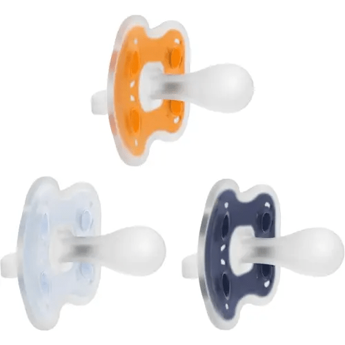 Dr. Brown's Advantage One-Piece Silicone Baby Pacifier, Fully Symmetrical Soother, Dark Blue/Light Blue/Orange, 6-18m, BPA Free, 3 Pack