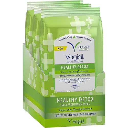 Vagisil Wipes for All Over Cleaning, Health Detox, Formulated with Essential Oils, 20 Wipes in a Re-Sealable Pouch (Pack of 3)