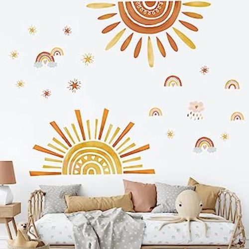 wondever Boho Sun Wall Stickers Large Rainbow and Clouds Peel and Stick Wall Art Decals for Baby Nursery Kids Bedroom Living Room