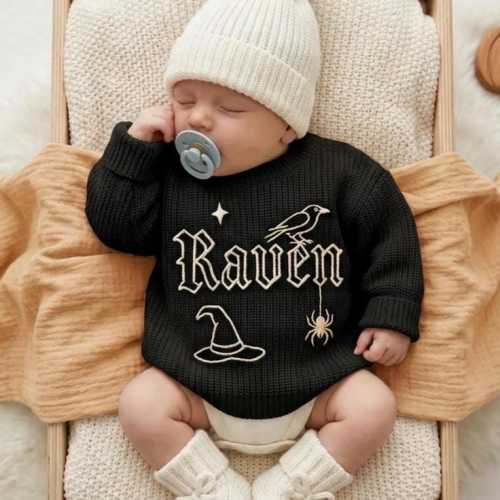 Personalized Gothic Baby Sweater, Hand Embroidered Bat Spider, Custom Knit