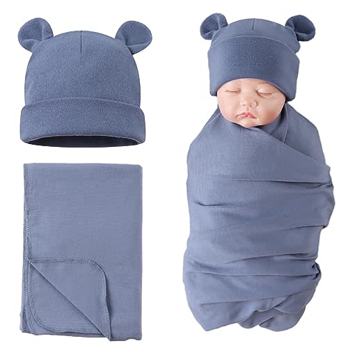 PESAAT Cotton Baby Swaddle Hat Set Newborn Infant Hats Receiving Blankets for Baby Boys Girls