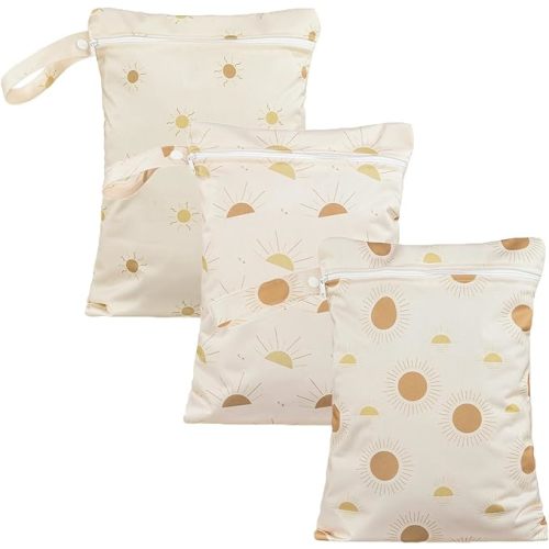 Happy Flute 3 Set Wet Bag Storage Bag Zipper Waterproof Washable Travel Bags, Beach, Pool, Gym Bag for Cloth Diaper, Swimsuits & Wet Clothes for Baby,11.8x15.7inch (Sun02)