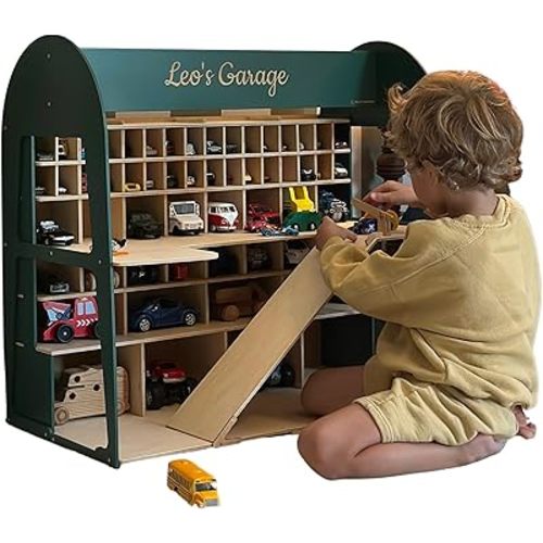 Enjoy The Wood Toy Parking Garage with Elevator Wooden Toy Car Storage Small Car Compatible Gift for Toddlers 1-4 Years Old Organizer Case Shelf for Mini Toy Cars (Big, Green)