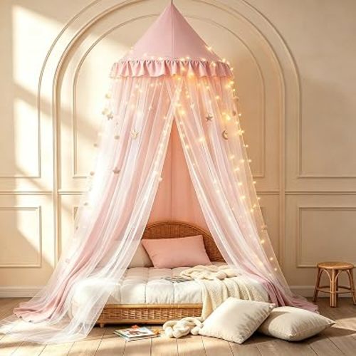 Kertnic Princess Bed Canopy for Girls, Double Layer Round Bed Mosquito Net, 31.5" Large Dome Indoor Castle Bed Tent, Sleeping & Reading Nook Curtain for Boys Girls (Beige Pink)