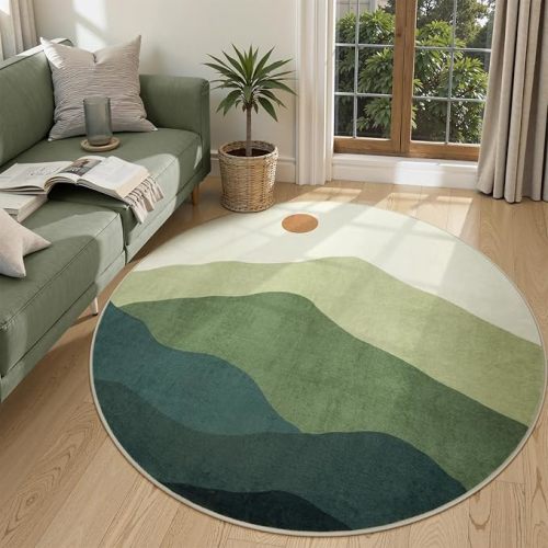 6ft Round Rugs for Living Room,Soft Washable Non-Slip Large Circle Rug,Chic Mountain Low-Pile Circular Bedroom Rug Indoor Round Carpets for Kidsroom/Nursery/Office(Green)