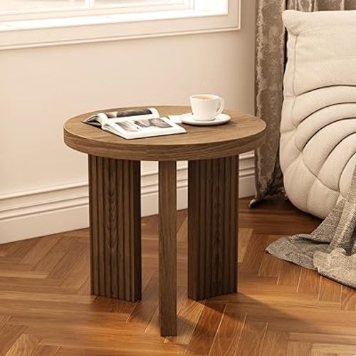 Small Round Side Table, 17.52" Coffee Table with Smooth Thick Mesa, Circle End Table with X Shaped Stable Legs, Accent Tea Table for Living Room, Office, Brown