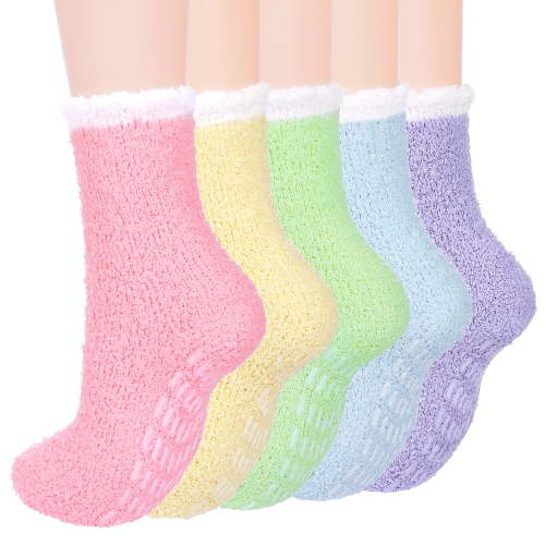 Zando Cozy Non Slip Socks with White Edges Womens Warm Fuzzy Socks Super Soft Grip Socks for Women Fluffy Socks with Grippers for Women Hospital Socks Rainbow 5 Pairs