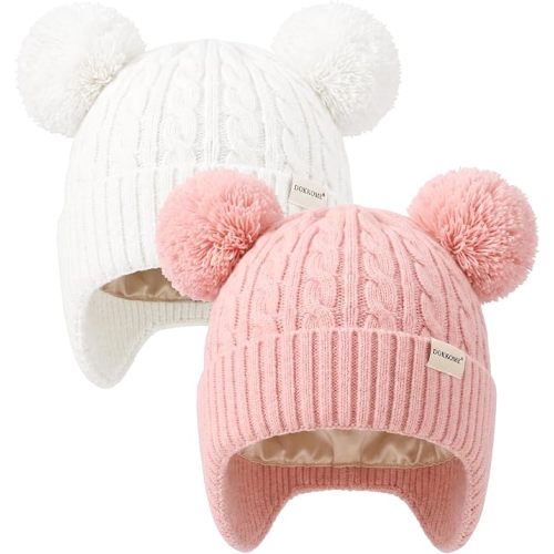 2 Pack Baby Beanie Stain Lined Winter Hat with Earflaps Toddler Kids Girls Boys Knit Pompom Caps Warm