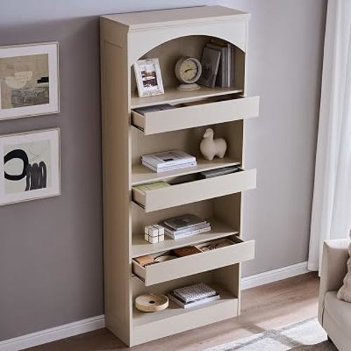 IFGET 76" Tall Arched Bookcase with 1PC Magnetic Lock Drawer, Modern Wooden Arch Bookshelf w/3 Pull-Out Drawers, Farmhouse 4 Tiers Book Shelf w/Open Shelves for Living Room, Office (Cream)