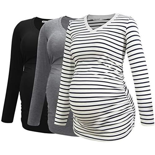 Smallshow Women's V-Neck Maternity Shirt Clothes Long Sleeve Ruched Pregnancy Top