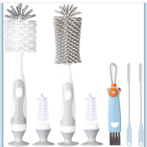 5-in-1 Baby Bottle Cleaner Set, Including Nylon & Silicone Bottle Brush, Cap, Straw & Nipple Brushes, BPA-Free (Grey)