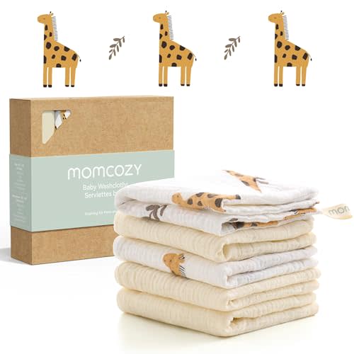 Momcozy Baby Washcloths - 4 Layer Design| Medium Thickness| Soft & Absorbent| Premium Cotton for Newborns'Skin-Great for Bathing, Wiping & on-the-go Use, Shower Gift and Essential(5 Pack, 10x10 inch)