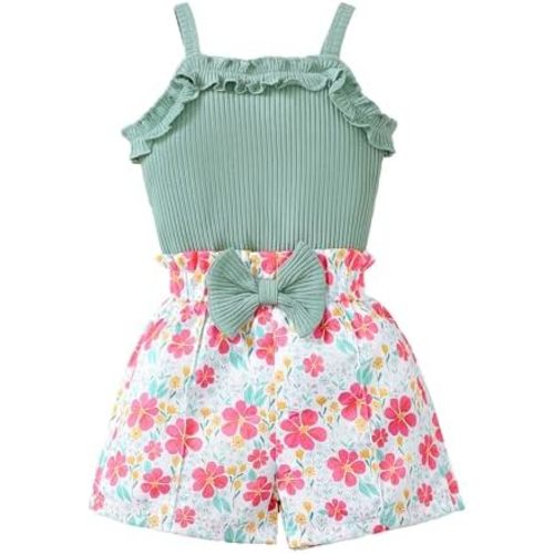 Kucnuzki Toddler Baby Girl Clothes Sleeveless Tank Tops Ruffle Halter Shirts Floral Shorts 2 Piece Set Summer Outfits