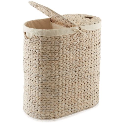 Casafield Oval Laundry Hamper with Lids and Removable Liner Bags, Woven Water Hyacinth 2-Section Laundry Basket for Clothes and Towels