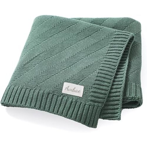 Avibae Cotton Knitted Baby Throw Blanket, Solid Color Swaddling Receiving Blanket for Newborn Boys and Girls 27×35 inches (Dark Green)