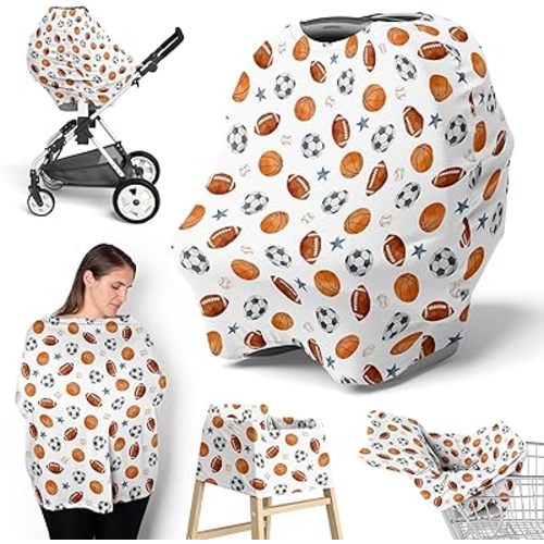 Sweet Jojo Designs Sports Theme Boy Infant Baby Car Seat Cover Nursing Breastfeeding High Chair Shopping Cart Stroller Carseat Canopy Carrier Multipurpose Use Watercolor Vintage Sport Themed Blue Star