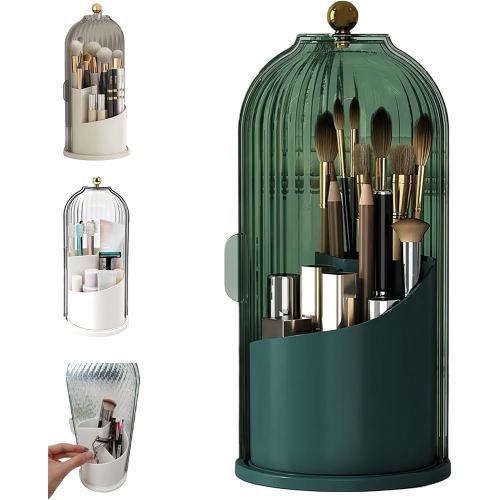 Concealed Toothbrush Holder, Rotating Bathroom Organizer Countertop, Toothbrush Holders with Cover, Bathroom Counter Organizer with Covered Makeup Brush Holder (1pcs Green)