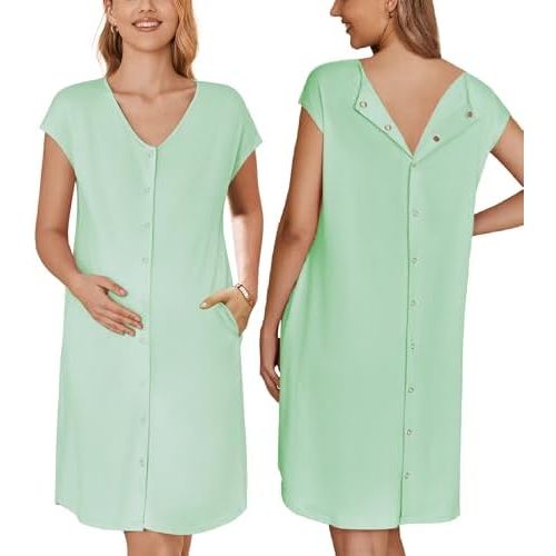 Ekouaer Labor/Delivery/Hospital Gown Nursing Nightgown Maternity Sleepwear With Pockets Postpartum Gowns with Button S-XXL