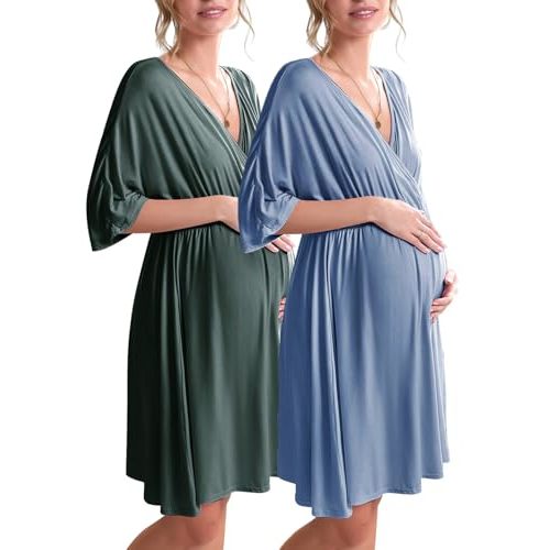Ekouaer 3 in 1 Labor/Delivery/Hospital Gown 2 Pack Maternity Dress Nursing Nightgown Sleepwear