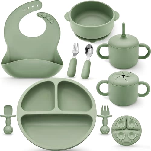 Silicone Baby Feeding Set, Baby Led Weaning Supplies, Eating Essentials Utensils with Suction Plate and Bowl, Pocket Bib, Sippy Cup with Lid, Forks Spoons Snack Container, for 6+ Months, Green