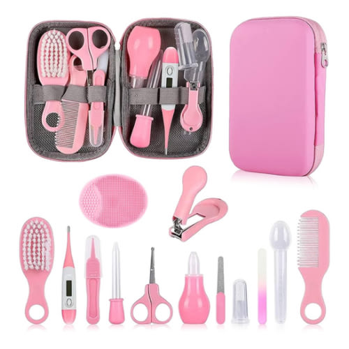 Baby Grooming Kit, Infant Safety Care Set with Hair Brush Comb Nail Clipper Nasal Aspirator,Baby Essentials Kit for Newborn Girls Boys (Pink Baby Grooming kit)