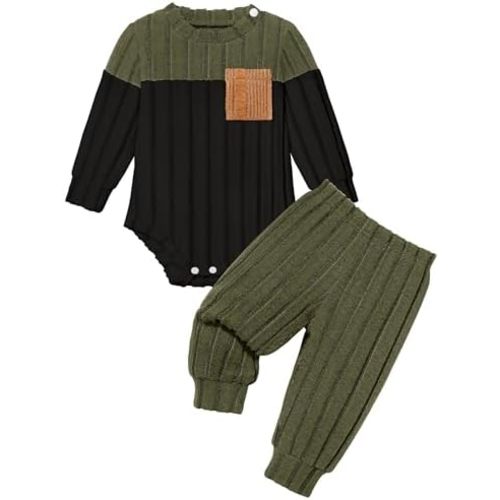 Baby Boy Clothes Color Block Ribbed Knitted Outfits Long Sleeve Romper+ Pants 2PCS Outfit 0-12 Months