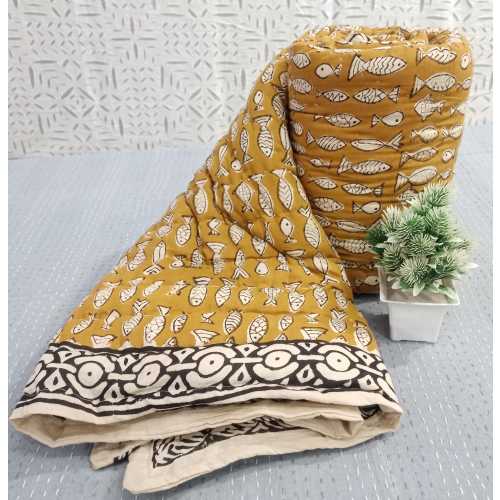 Fish Block Printed Quilted Baby Blanket, Yellow Cotton Razai (44 X 70 Inches)