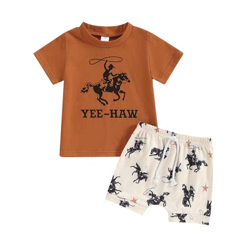 Dewadbow Western Baby Boy Clothes Vintage Yee Haw T Shirt Top Rodeo Shorts Set 2Pcs Toddler Boys Country Cowboy Outfit (YEE-HAW, 0-6 Months)