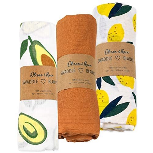Organic Muslin Swaddle Blanket Oliver & Rain, Newborn Baby Girl, Avocado, Lemon & Copper 3 Pack
